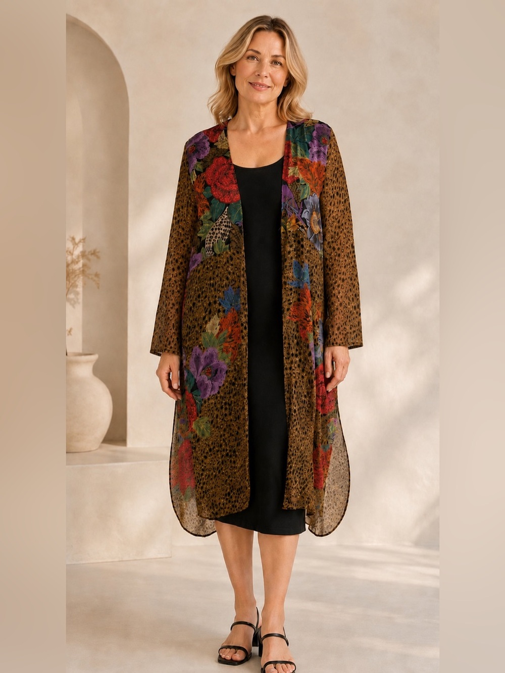 Vintage Platinum Dorothy Schoelen Layered Leopard Floral Duster Size M Pockets